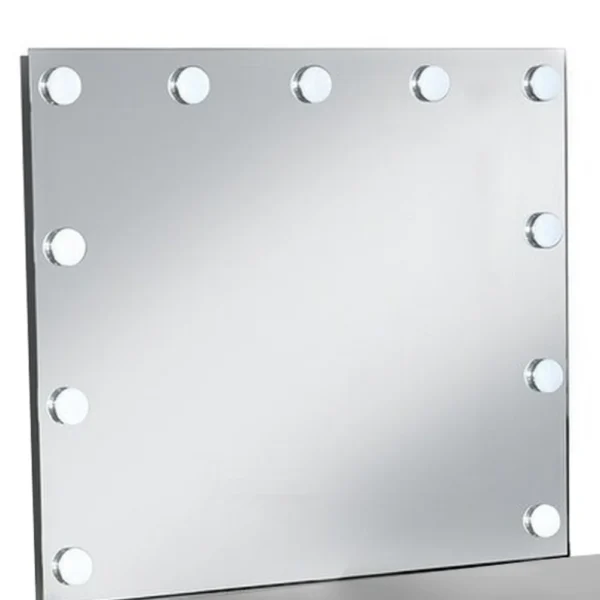 BM340350_1 Vaz 3pc LED Mirror Vanity Table Set w Padded Stool, Glass Top, Gray