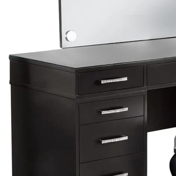 BM340350_2 Vaz 3pc LED Mirror Vanity Table Set w Padded Stool, Glass Top, Gray