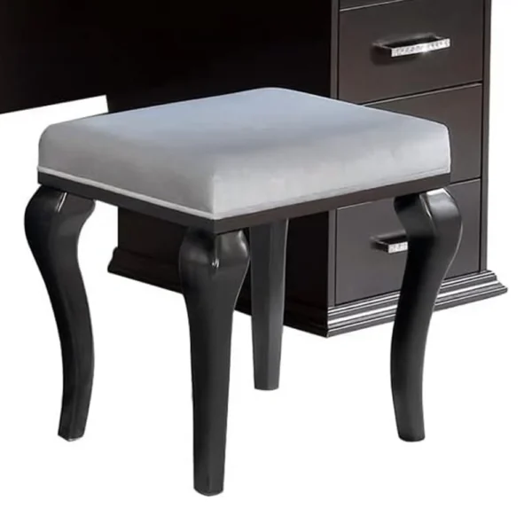 BM340350_3 Vaz 3pc LED Mirror Vanity Table Set w Padded Stool, Glass Top, Gray
