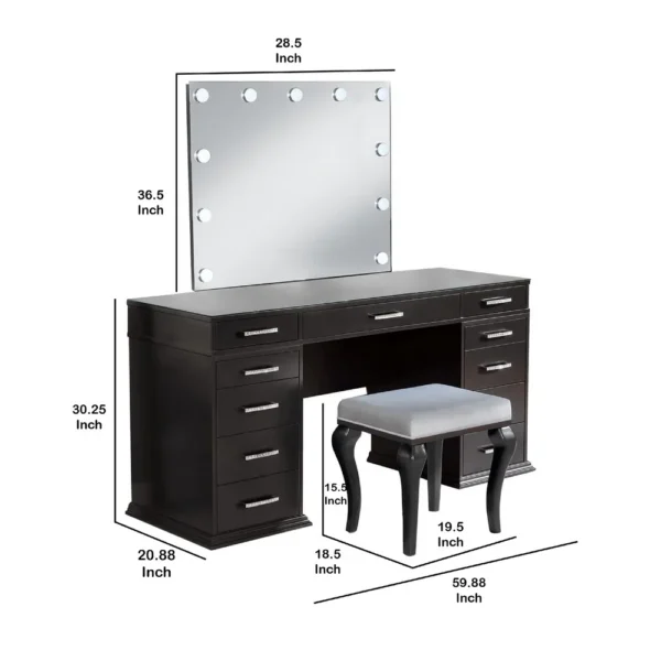 BM340350_4 Vaz 3pc LED Mirror Vanity Table Set w Padded Stool, Glass Top, Gray
