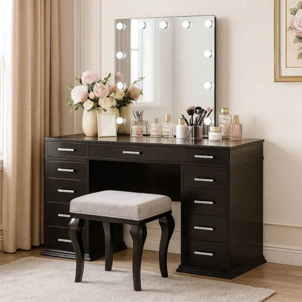 BM340350_5 Vaz 3pc LED Mirror Vanity Table Set w Padded Stool, Glass Top, Gray