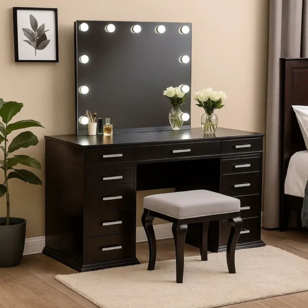 BM340350_6 Vaz 3pc LED Mirror Vanity Table Set w Padded Stool, Glass Top, Gray