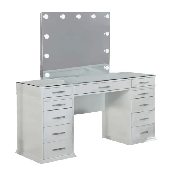 Vaz 3pc LED Mirror Vanity Table Set, Glass Top, Padded Stool, White