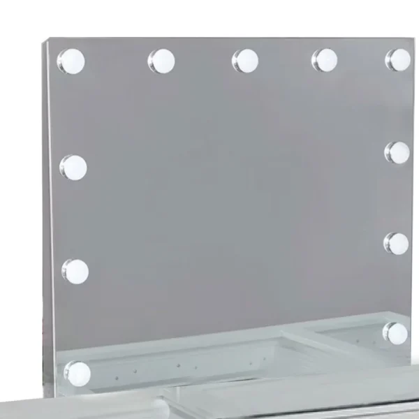 Vaz 3pc LED Mirror Vanity Table Set, Glass Top, Padded Stool, White