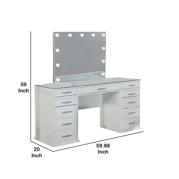 Vaz 3pc LED Mirror Vanity Table Set, Glass Top, Padded Stool, White