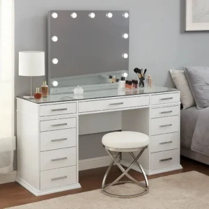 Vaz 3pc LED Mirror Vanity Table Set, Glass Top, Padded Stool, White