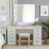 Vaz 3pc LED Mirror Vanity Table Set, Glass Top, Padded Stool, White