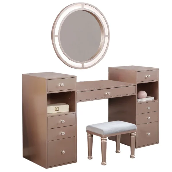 BM340352 Yezy 3pc Vanity LED Mirror Desk Set with Padded Stool, Blush Pink