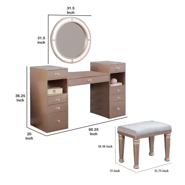 BM340352_4 Yezy 3pc Vanity LED Mirror Desk Set with Padded Stool, Blush Pink