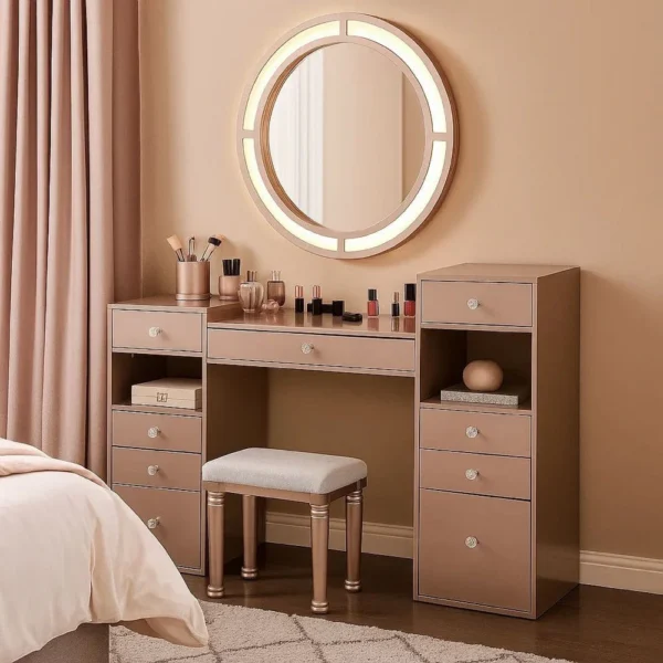 BM340352_5 Yezy 3pc Vanity LED Mirror Desk Set with Padded Stool, Blush Pink