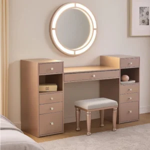 BM340352_6 Yezy 3pc Vanity LED Mirror Desk Set with Padded Stool, Blush Pink