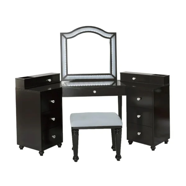 BM340354 Gena 3pc Vanity Set with Stool, Glass Top Table, LED Mirror, Obsidian Gray