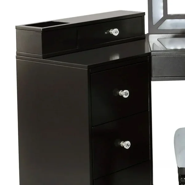 BM340354_1 Gena 3pc Vanity Set with Stool, Glass Top Table, LED Mirror, Obsidian Gray