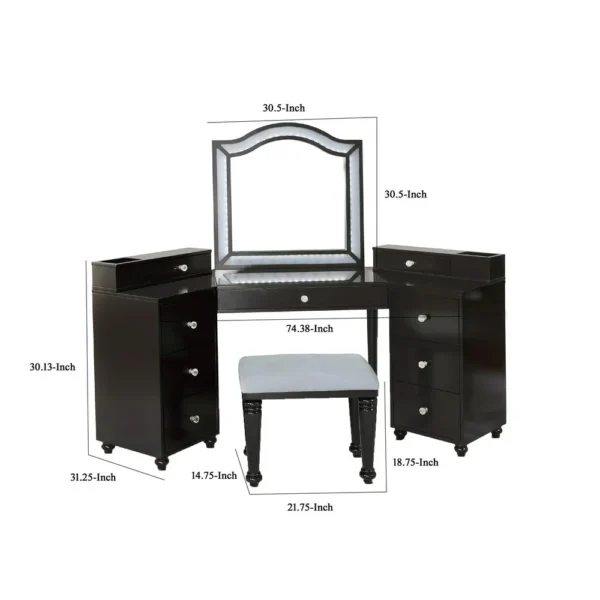 BM340354_4 Gena 3pc Vanity Set with Stool, Glass Top Table, LED Mirror, Obsidian Gray