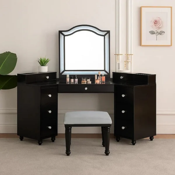 BM340354_5 Gena 3pc Vanity Set with Stool, Glass Top Table, LED Mirror, Obsidian Gray