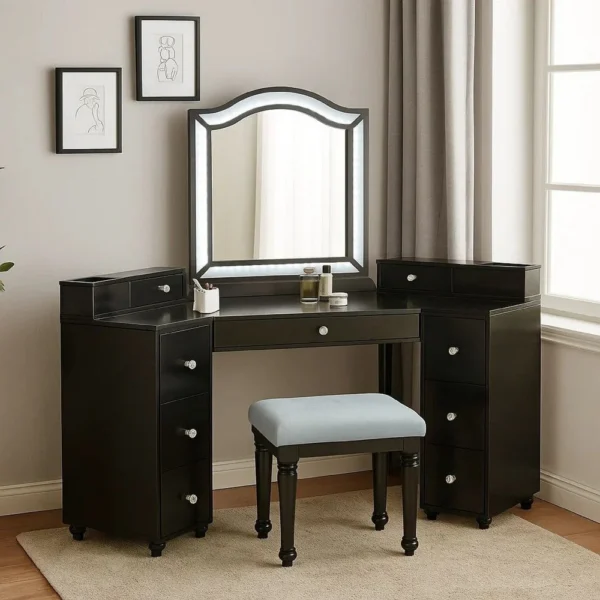 BM340354_6 Gena 3pc Vanity Set with Stool, Glass Top Table, LED Mirror, Obsidian Gray
