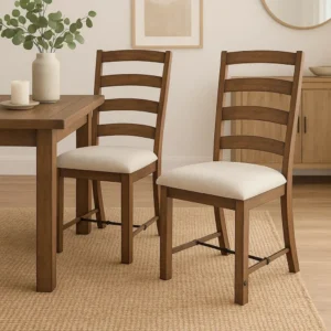 Yael Ladderback Dining Chair Set of 2, White Seat, Brown Solid Mahogany