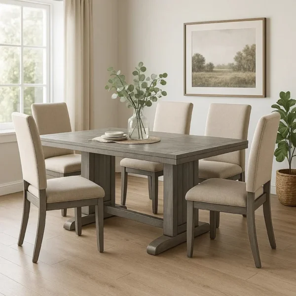 BM340366_5 Zeka Dining Table, 60 Inch Top, Double Pedestal, Gray Solid Wood