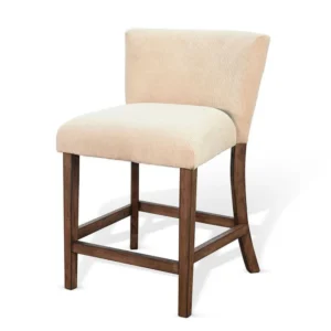 Giby Counter Stool Chair Set of 2, Beige, Dark Brown Solid Mahogany