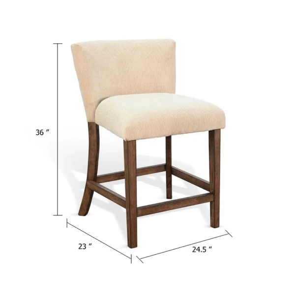 Giby Counter Stool Chair Set of 2, Beige, Dark Brown Solid Mahogany
