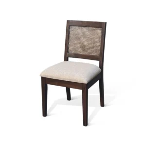 Zemi Dining Chair Set of 2, Rattan Back, Beige, Dark Brown Solid Wood