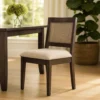 BM340389_5 Zemi Dining Chair Set of 2, Rattan Back, Beige, Dark Brown Solid Wood