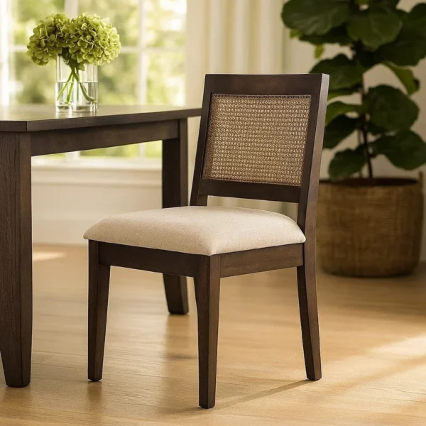 BM340389_5 Zemi Dining Chair Set of 2, Rattan Back, Beige, Dark Brown Solid Wood