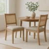 Zemi Dining Chair Set of 2, Rattan, Beige, Natural Brown Solid Wood