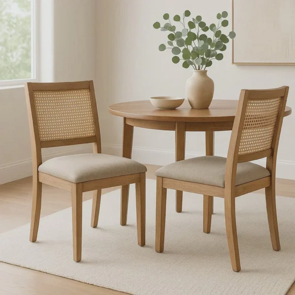 Zemi Dining Chair Set of 2, Rattan, Beige, Natural Brown Solid Wood