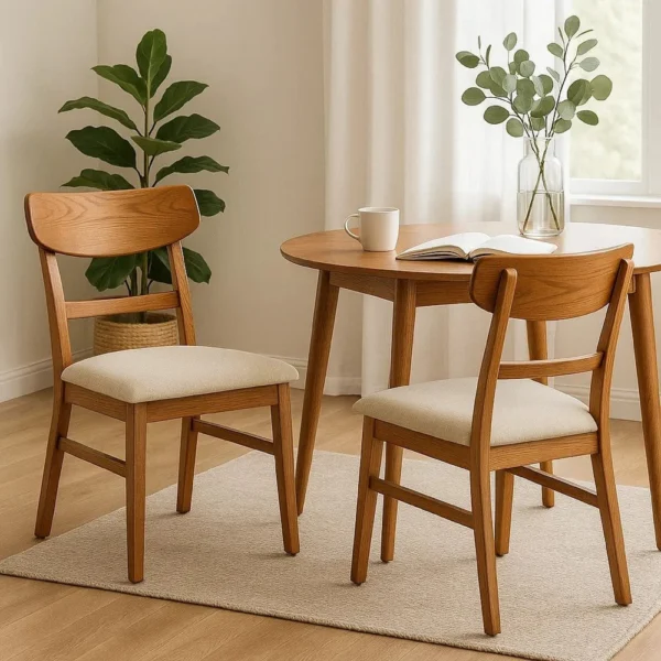 BM340395_5 Amy Dining Chair Set of 2, Curved Back, Beige Seat, Light Brown Solid Wood