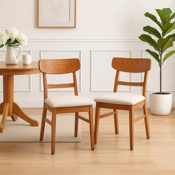 BM340395_6 Amy Dining Chair Set of 2, Curved Back, Beige Seat, Light Brown Solid Wood