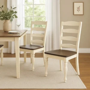 Dean Dining Chair Set of 2, Ladder Back, Dark Brown, White Solid Wood