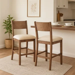 Giby Counter Height Chair Set of 2, Beige Padded Seat, Solid Wood Brown