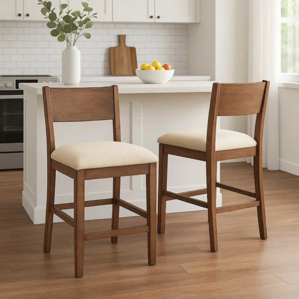 BM340414_6 Giby Counter Height Chair Set of 2, Beige Padded Seat, Solid Wood Brown