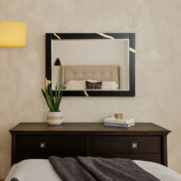 BM340842_5 Goldie Dresser Mirror, Beveled Glass, Gold and Black Solid Wood, 35x52