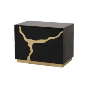 Goldie Nightstand, 2 Drawers, Gold and Black Solid Wood, 28 Inch
