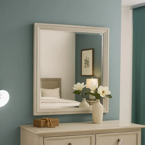 BM340847_5 Basil Dresser Mirror, Beveled Glass, 38x44 Rustic White Solid Wood Frame