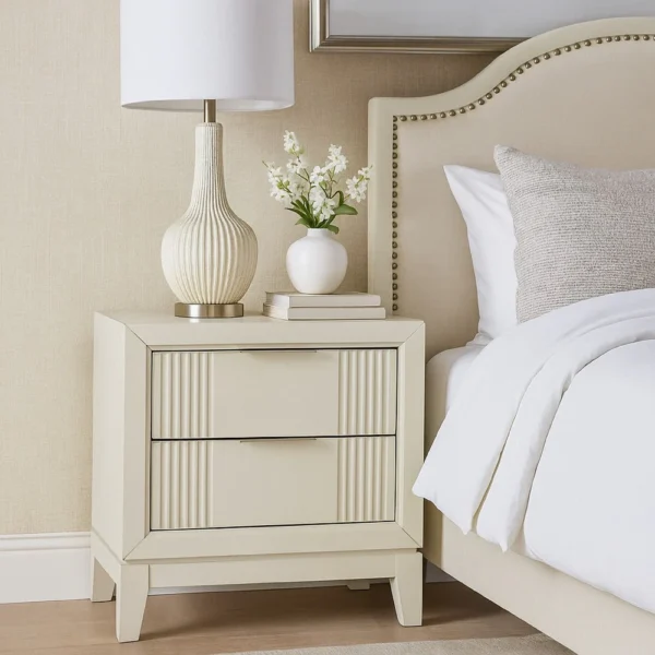 Toi Nightstand, 2 Drawers, Antique White Finished Solid Wood, 27 Inch