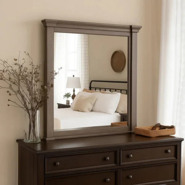 BM340862_5 Huder Dresser Mirror, Beveled Glass, Dark Walnut Brown Wood, 39x46