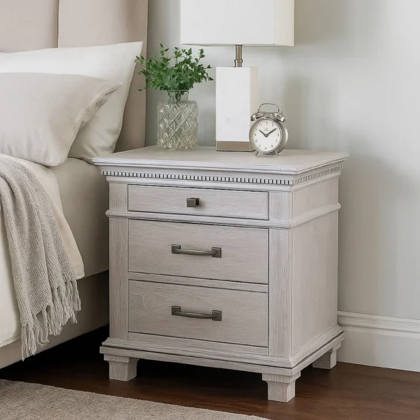 BM340874_5 Leyne Nightstand, 3 Drawers, Farmhouse Weathered Gray Solid Wood, 26 Inch