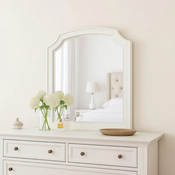 Kyna Dresser Mirror, Beveled Glass, Classic Antique White Solid Wood, 40x42