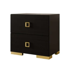 Lati Nightstand, 2 Drawers, Black Wood, Gold Metal, 24 Inch