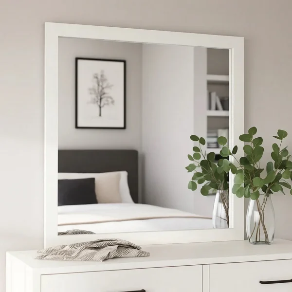 BM340884_5 Dyl Dresser Mirror, Bevel Glass, White Wood Frame, 40 Inch Square