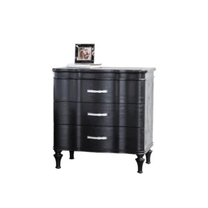 Eleena Nightstand, 3 Drawers, Black Solid Wood, Metal Handles, 28 Inch