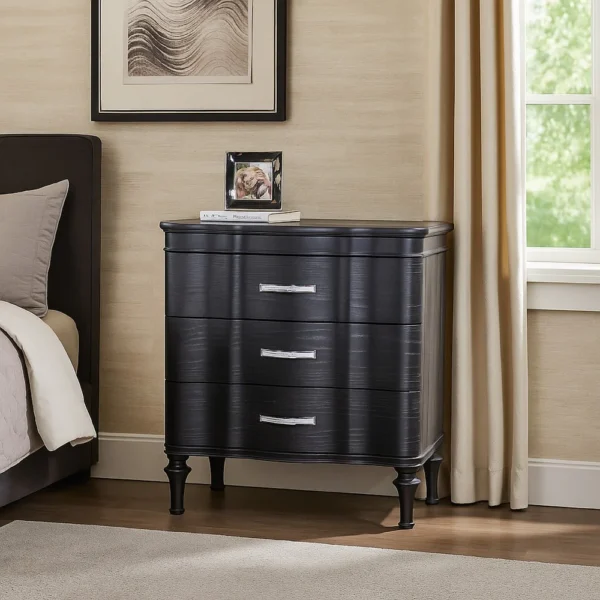 BM340902_5 Eleena Nightstand, 3 Drawers, Black Solid Wood, Metal Handles, 28 Inch