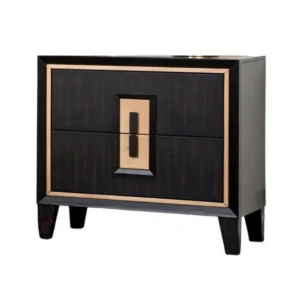 Yada Nightstand, 2 Drawers, Espresso Brown Solid Wood, Gold, 27 Inch