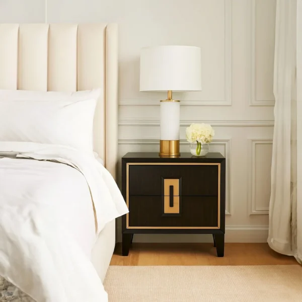 Yada Nightstand, 2 Drawers, Espresso Brown Solid Wood, Gold, 27 Inch