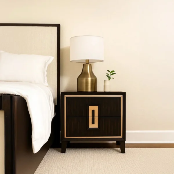 Yada Nightstand, 2 Drawers, Espresso Brown Solid Wood, Gold, 27 Inch