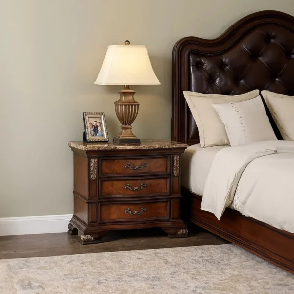 BM340921_6 Iliana Nightstand, 3 Drawers, Ornate Oak and Dark Cherry Brown, 33 Inch
