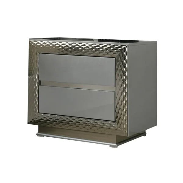 Vino 2 Drawer Nightstand, Plinth Base Gray Wood wity Silver Trim